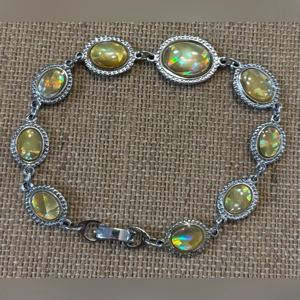 Silver Tone Yellow Opal Bracelet 7.5”